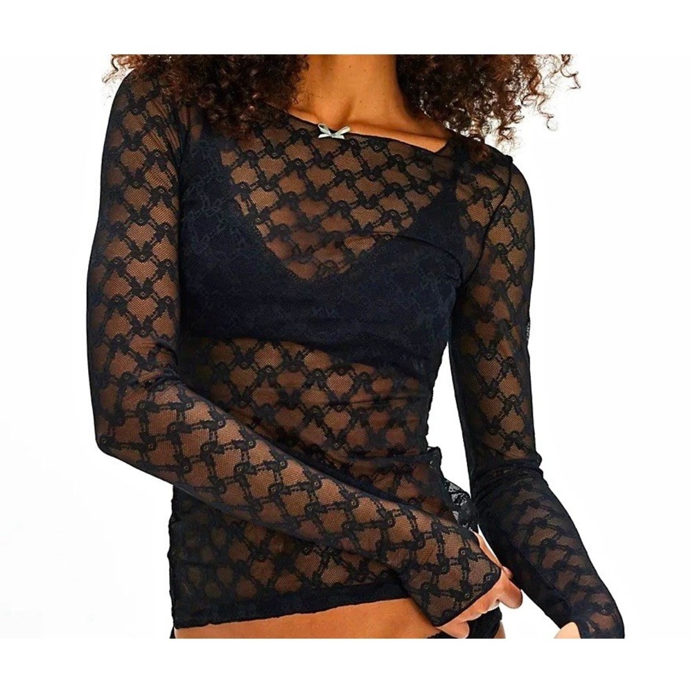 Free People From Me To You Sheer Bow Lace Top XS Black
